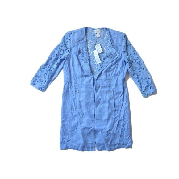 NWT Chico's Lovely Lace Mix Duster in Pale Parisian Blue Open Front Jacket 0 / 4 - Picture 1 of 5
